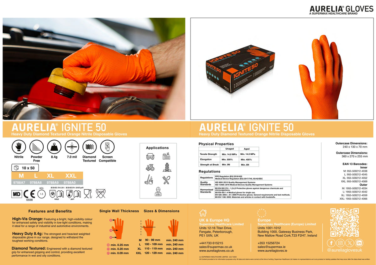 Gants nitrile orange haute visibilité AURELIA IGNITE 50, texture diamant