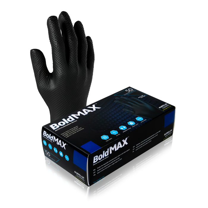 Gants nitrile noirs texturés AURELIA BOLD MAX avec boîte