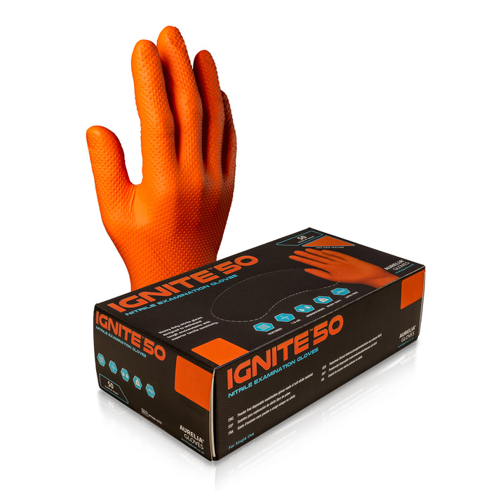 Gants nitrile orange AURELIA IGNITE 50 avec boîte, pour les professionnels